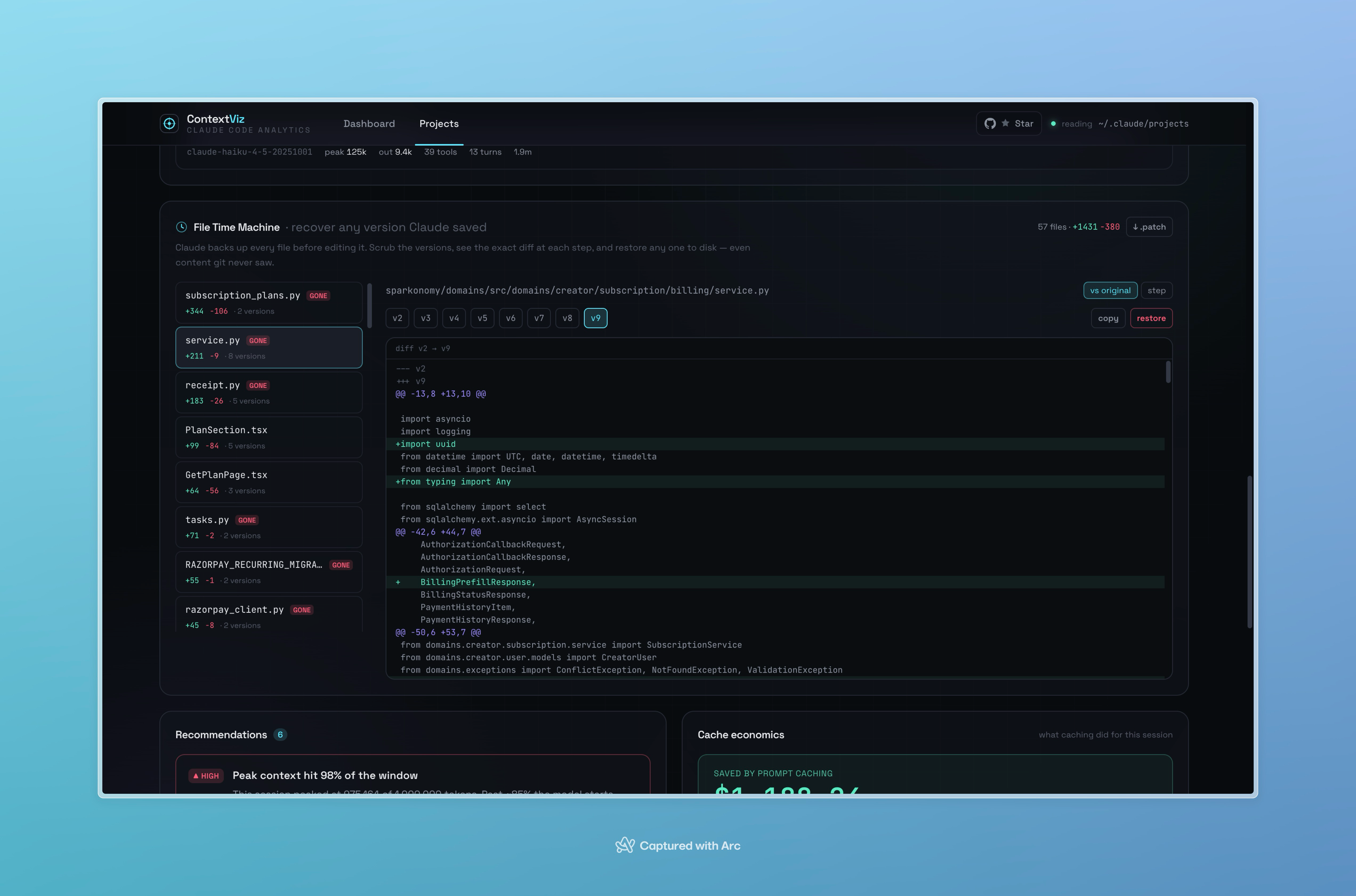 File Time Machine showing every saved version of a file with a diff